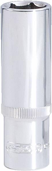 Ein silberner Steckschlüsselaufsatz mit geriffeltem Griffbereich und einer markanten sechskantigen Öffnung oben.