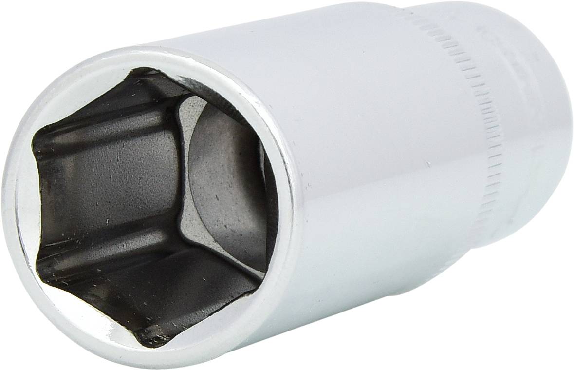 Eine silberne Stecknuss, sechskantig, aus Metall, geeignet für Ratschen oder Steckschlüssel im Werkzeugbereich.