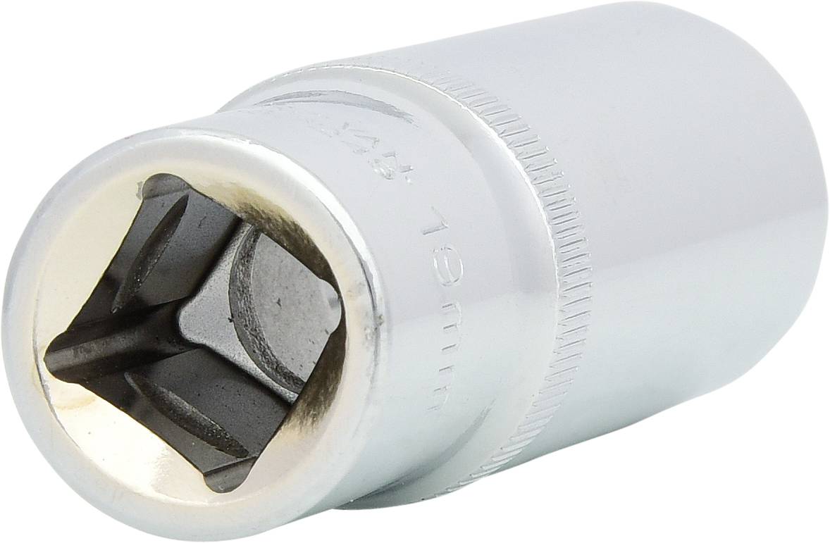 Ein metallischer Steckschlüsseleinsatz mit quadratischer Aussparung, zur Verwendung mit einem passenden Schraubenschlüssel.