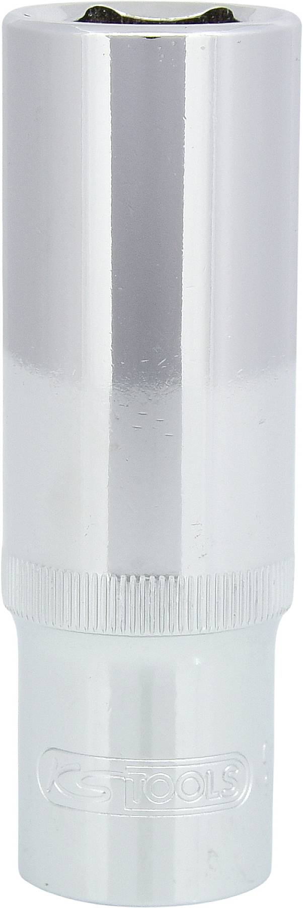 Ein silberner Steckschlüssel, zylindrische Form, verwendet zum Anziehen oder Lösen von Schrauben und Muttern.