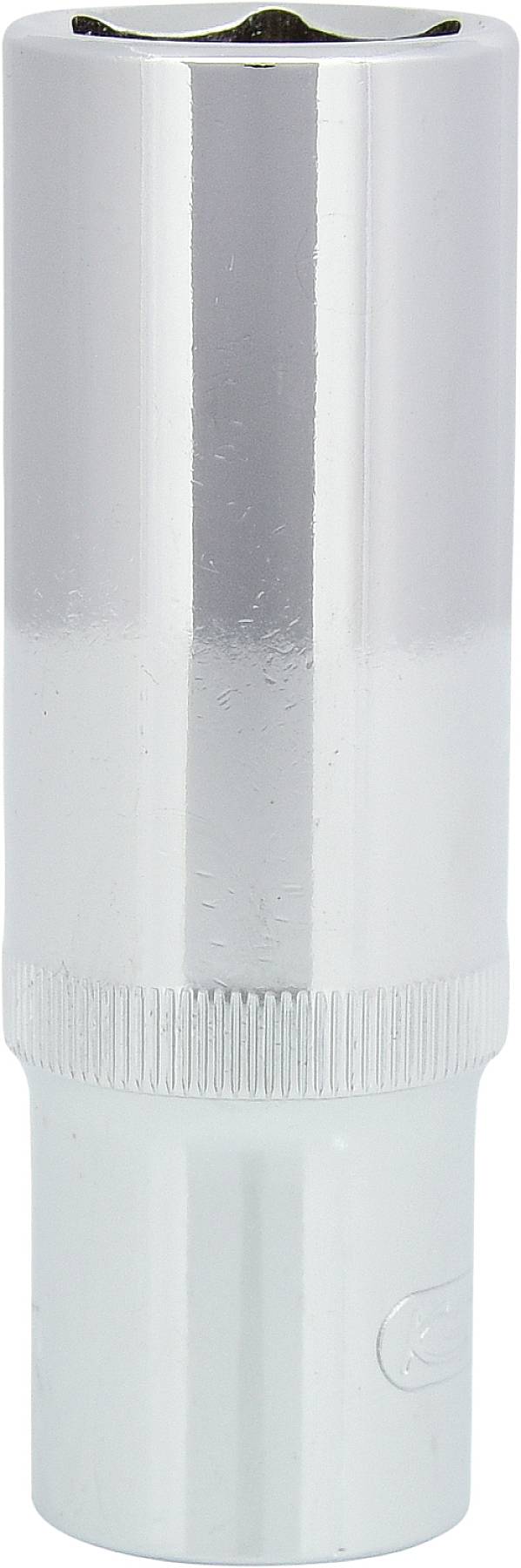 Ein silberner Steckschlüsseleinsatz, zylinderförmig mit gerändeltem Griffbereich, vor einem weißen Hintergrund.