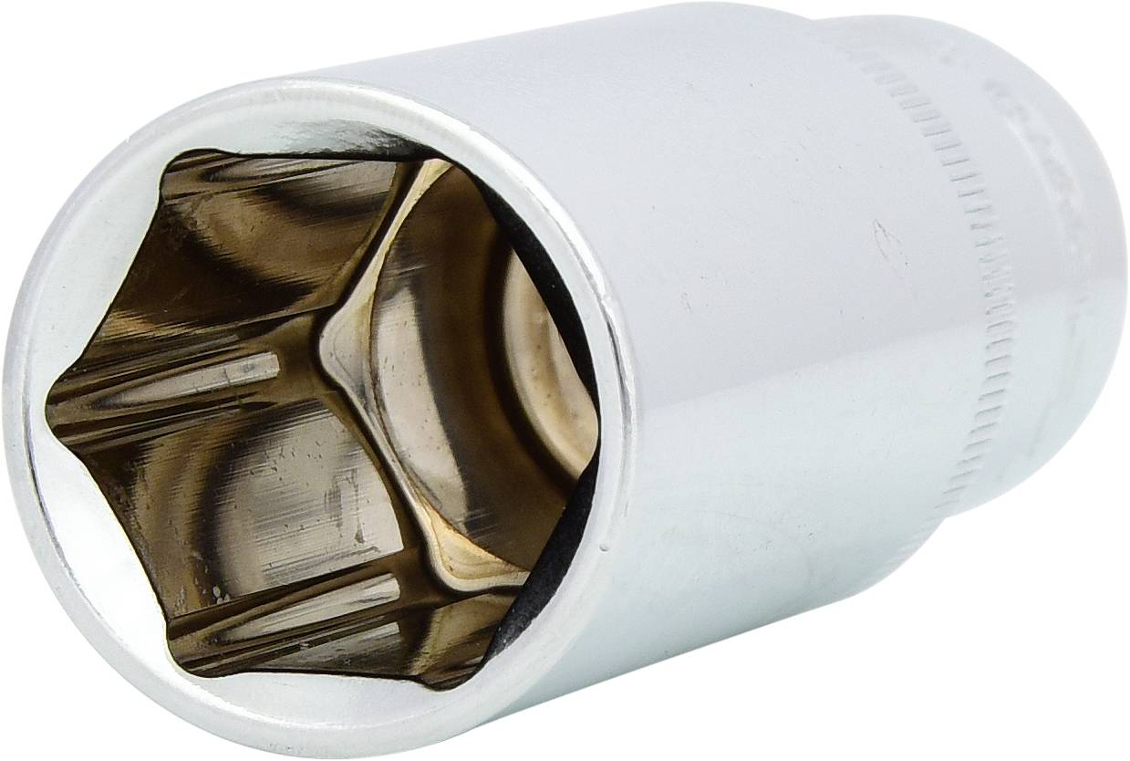 Silberne Stecknuss mit sechskantiger Öffnung, liegend, zur Verwendung mit einer Ratsche oder Schraubenschlüssel.