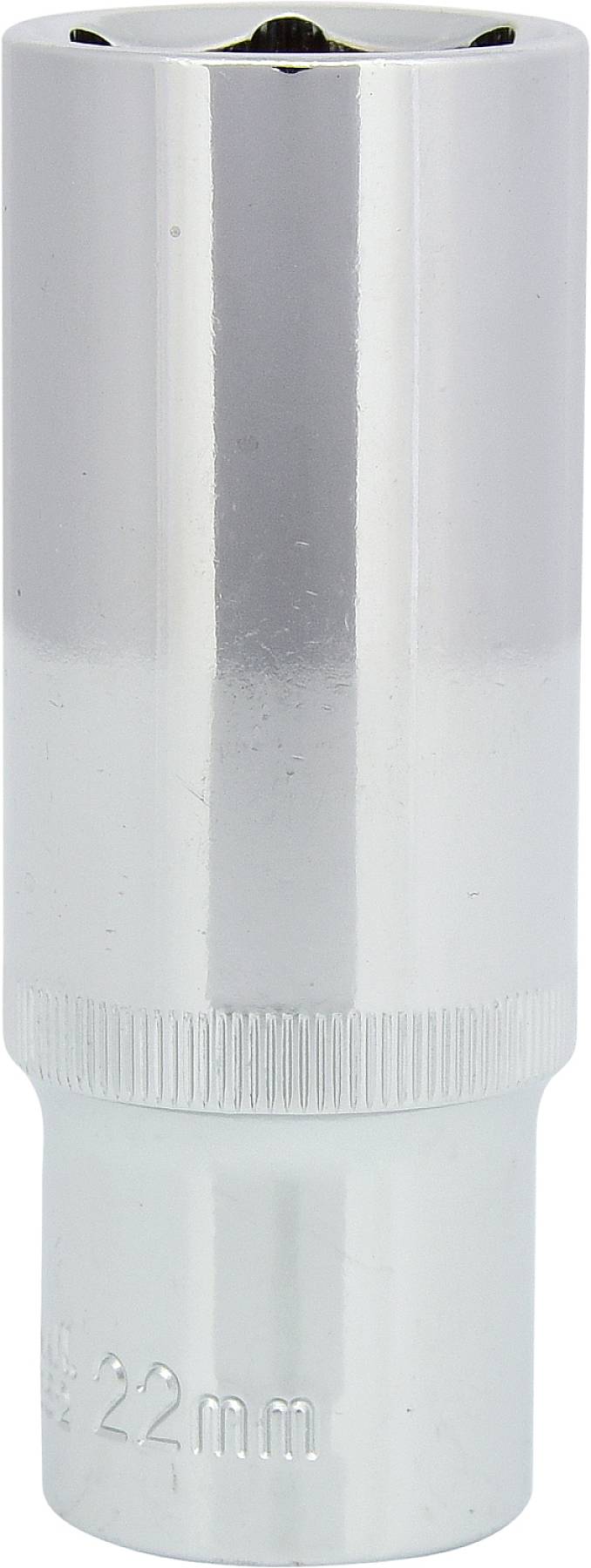 Ein glänzender, silberner Steckschlüsselaufsatz, 22 mm. Verwendet für das Festziehen oder Lösen von Muttern und Bolzen.