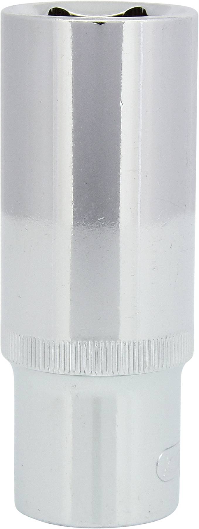 Ein silberner Zündkerzenschlüssel, zylindrisch mit geriffelter Fläche für besseren Halt, speziell zur Montage von Zündkerzen.