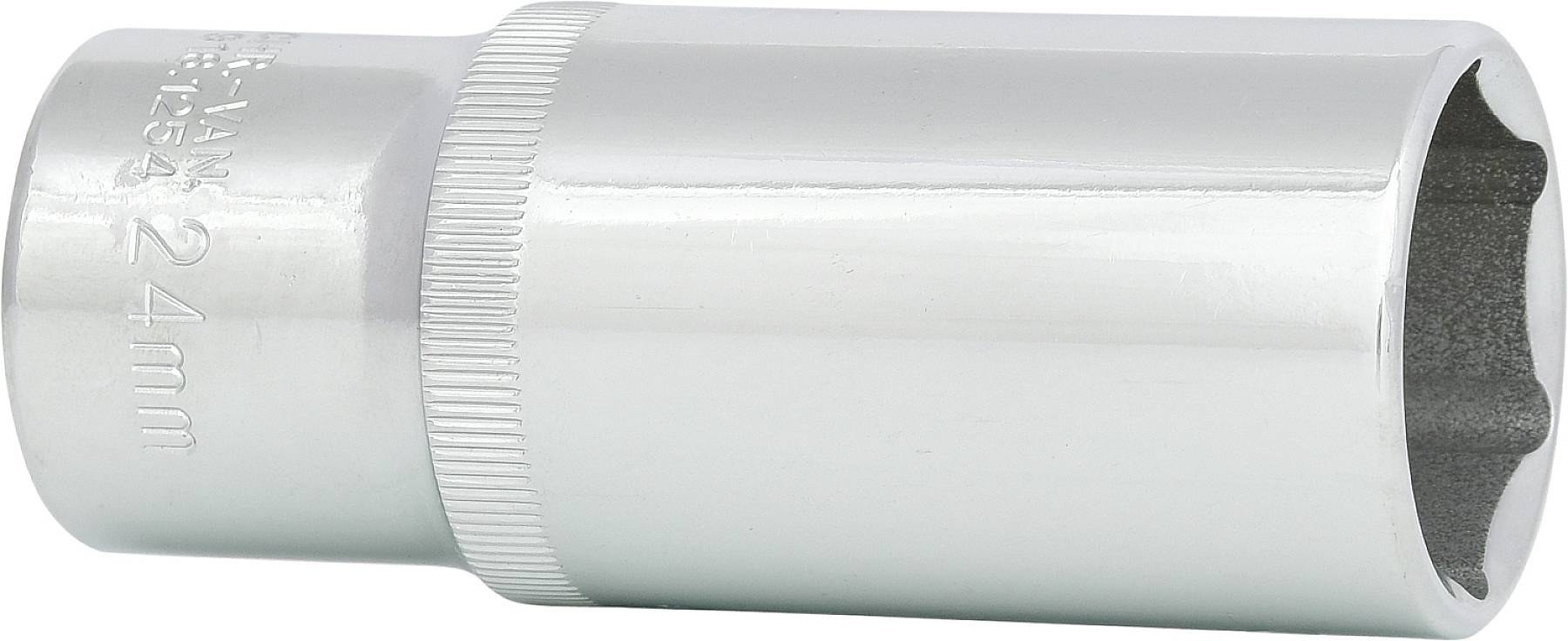 Eine silberne Sechskantnuss mit der Aufschrift '24 mm'. Die Oberfläche ist glänzend und glatt. Das Werkzeug ist für Schraubenmuttern geeignet.