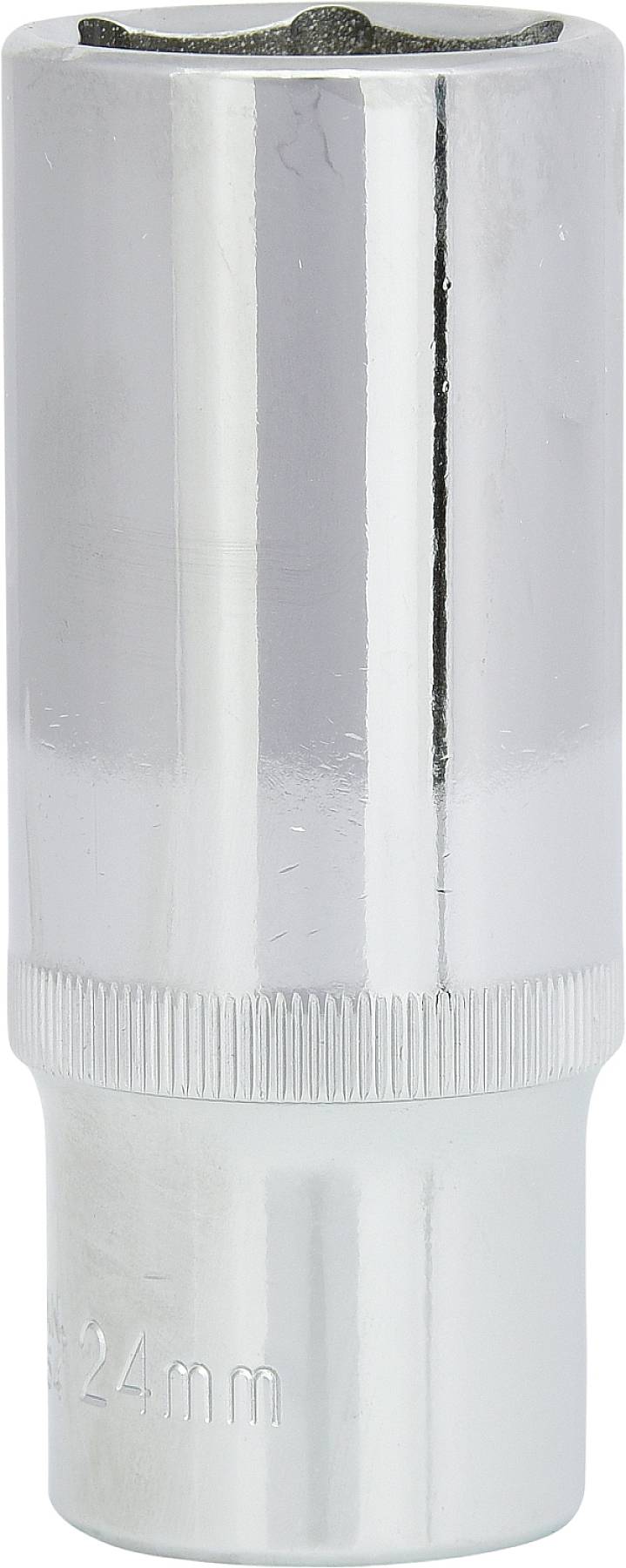 Chrompolierte Stecknuss mit 24 mm Größe, geeignet für Schraubarbeiten. Glatte Oberfläche, robustes Design.