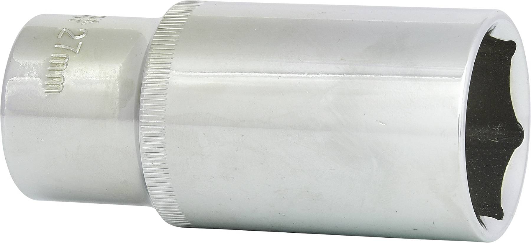 Metallische Stecknuss mit 21 mm Prägung. Silberne Oberfläche, zylindrische Form, für mechanische Arbeiten oder Repara­turen geeignet.