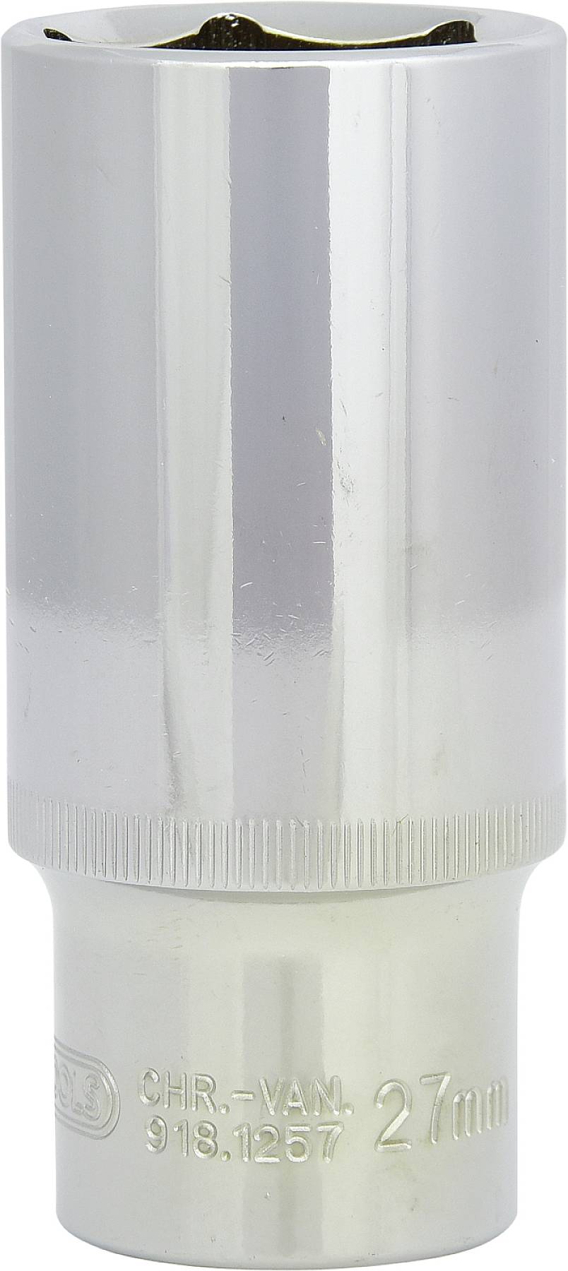 Verchromte Stecknuss, 27 mm, geeignet für Arbeiten an Kraftfahrzeugen oder Maschinen.