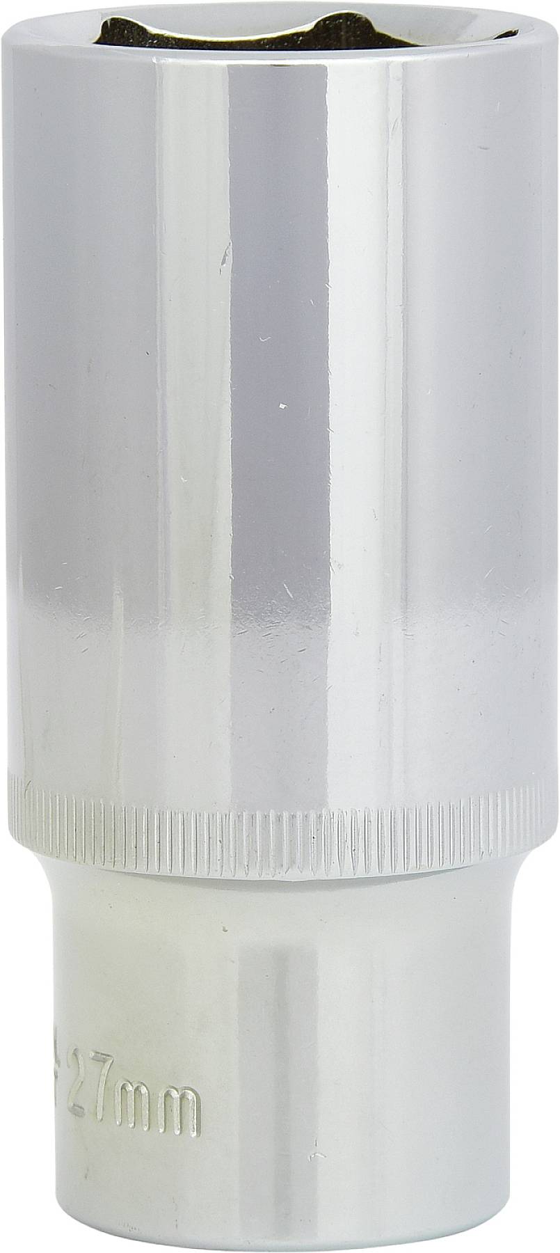 Ein glänzender Chrom-Vielzahn-Steckschlüssel in zylindrischer Form, oft für die Schraubarbeit im Kfz-Bereich verwendet.