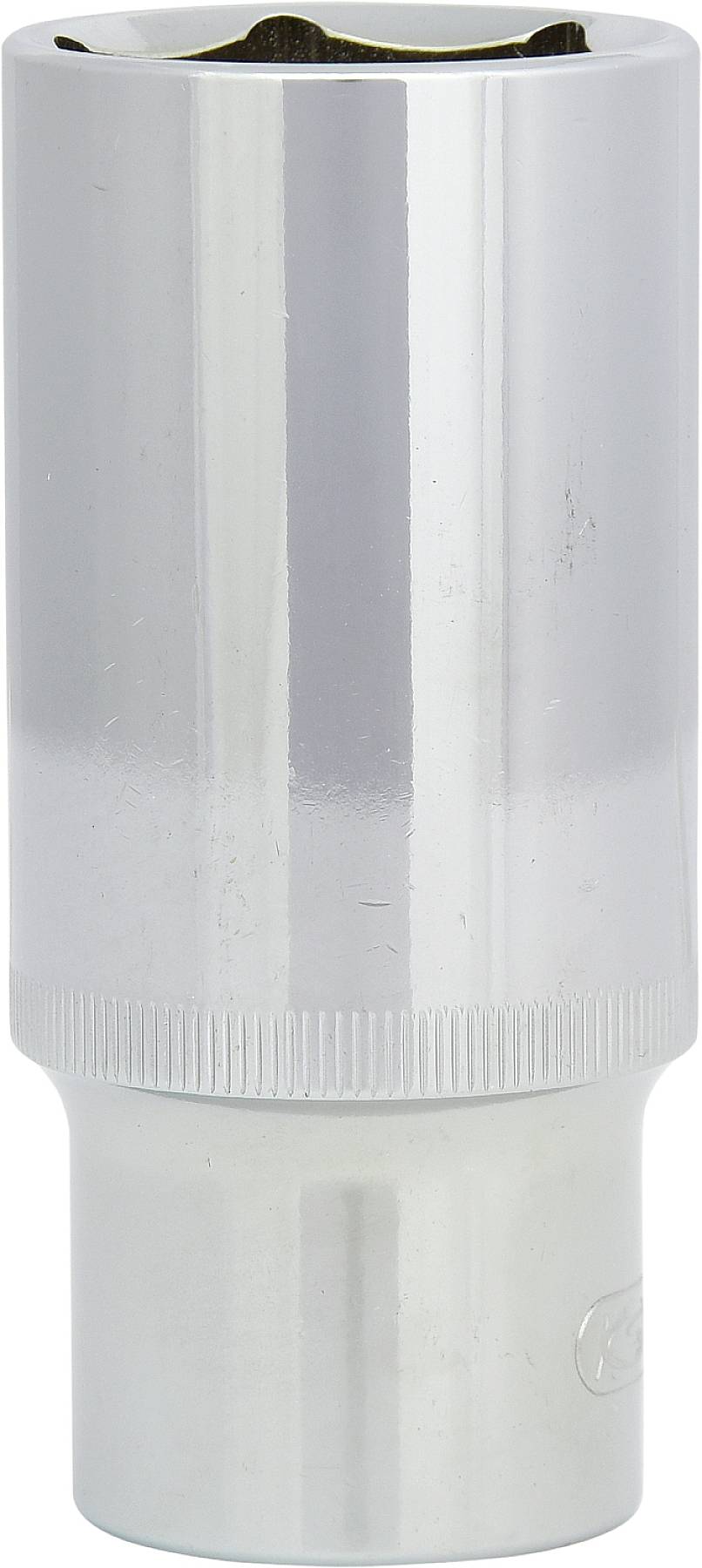 Eine silberne Stecknuss, zylindrisch, mit gerändeltem Griff, vor weißem Hintergrund.