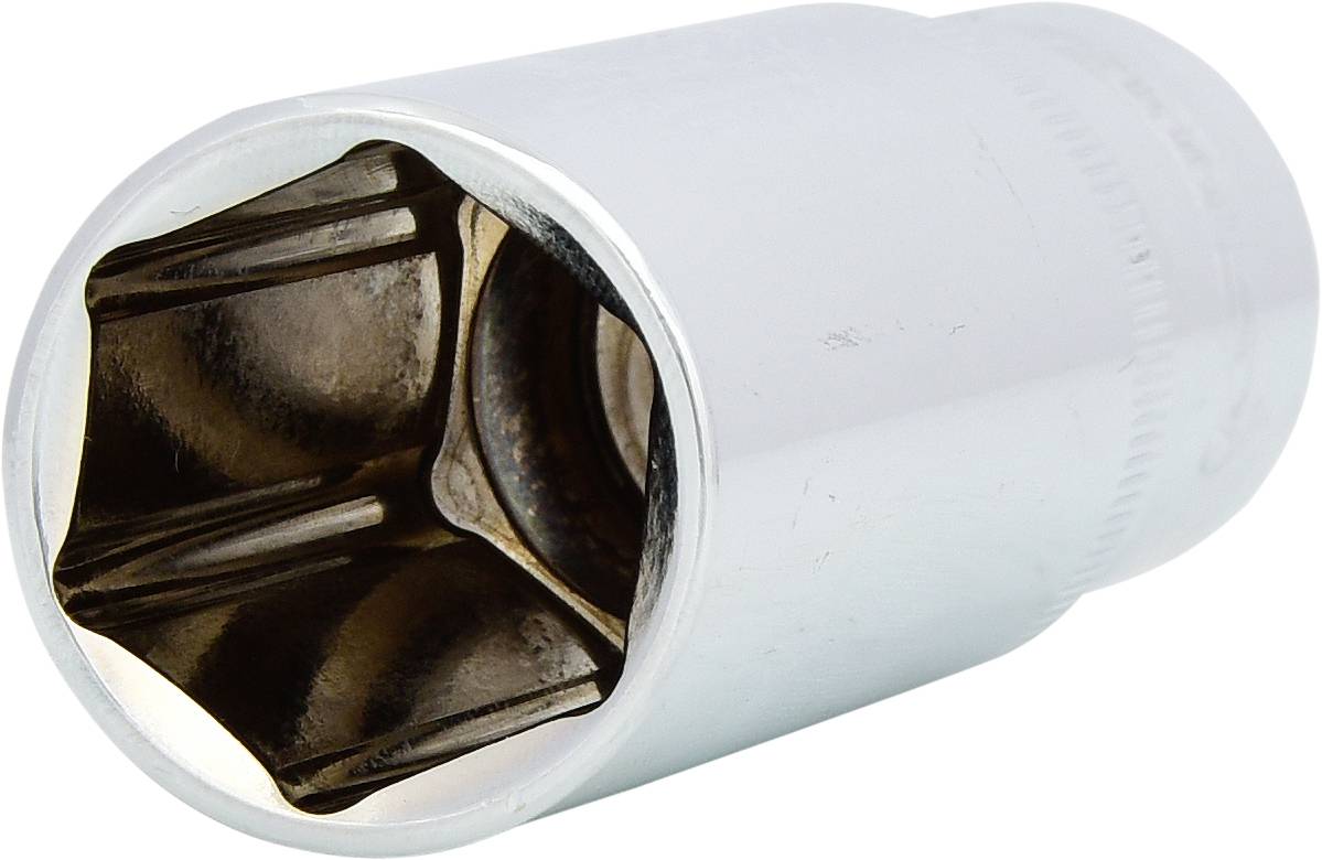 Metall-Steckschlüssel mit sechseckiger Öffnung, geeignet für die Bearbeitung von Schrauben oder Muttern in mechanischen Anwendungen.