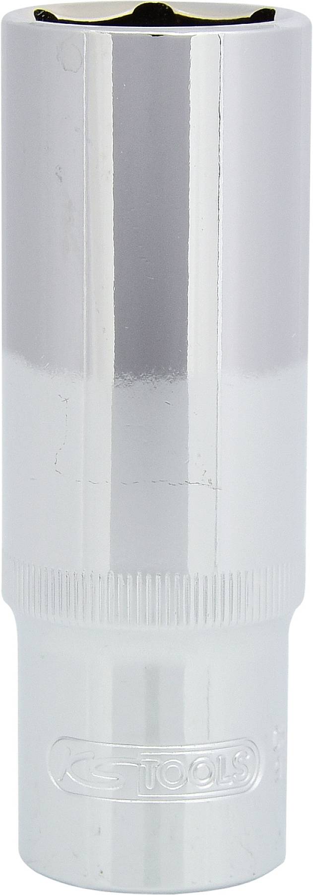 Ein verchromter Steckschlüsselaufsatz in zylindrischer Form mit gerändeltem Griffteil, geeignet für Schraubwerkzeuge.