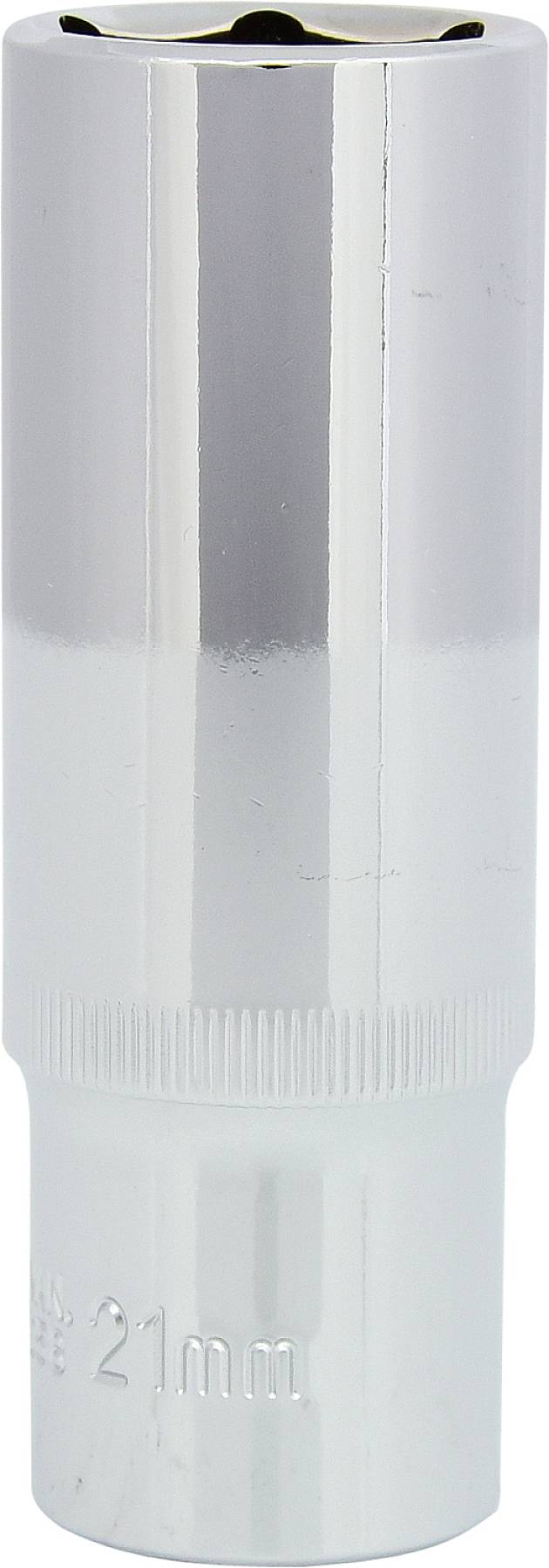 Silberne Zündkerzenstecknuss mit geriffeltem Griff. Größe ist 21 mm, geeignet zum Entfernen und Einsetzen von Zündkerzen.