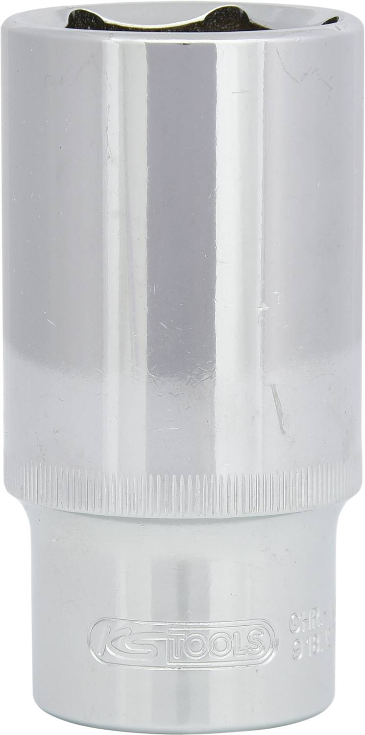 Silberne Stecknuss aus Chrom-Vanadium-Stahl, zylindrische Form, mit eingraviertem Logo 'KS TOOLS' und Maßangabe.