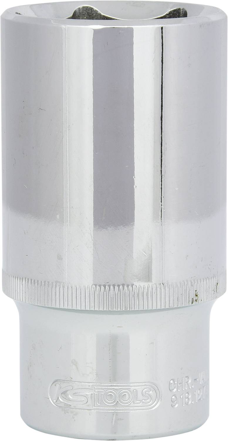 Metallische Stecknuss, spiegelnd, sechseckig, oben offen, zum Einsatz mit Schraubenschlüsseln oder Ratschen.