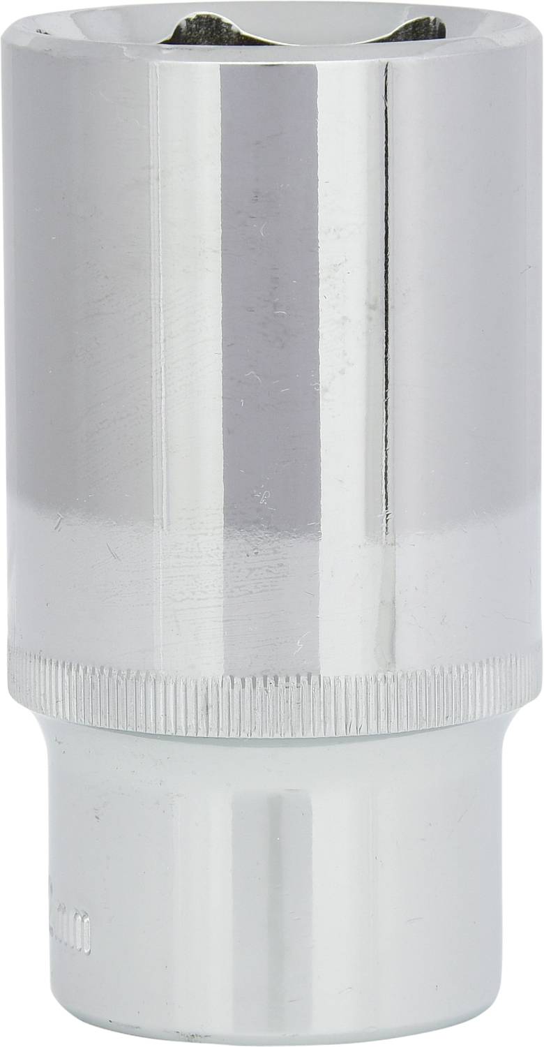 Metall-Steckschlüsselaufsatz mit glatter, glänzender Oberfläche. Verwendet zum Lösen und Festziehen von Schrauben und Muttern.