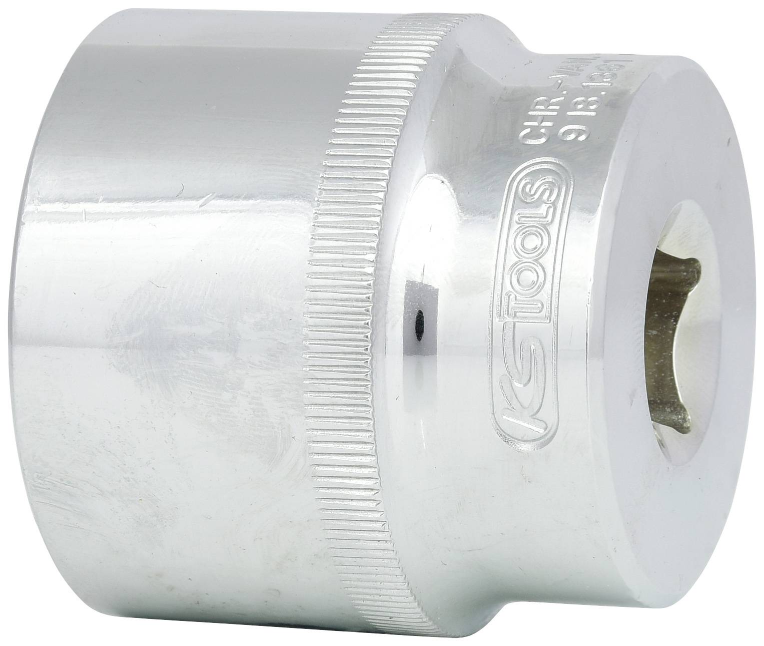 Silberne Sechskant-Nuss mit geriffeltem Rand und eingraviertem Logo, verwendet für Schraubarbeiten mit einem entsprechenden Schraubwerkzeug.