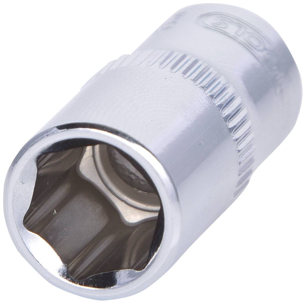 Ein silberner Steckschlüsselaufsatz, sechseckig, für Ratschen oder Schraubenschlüssel.