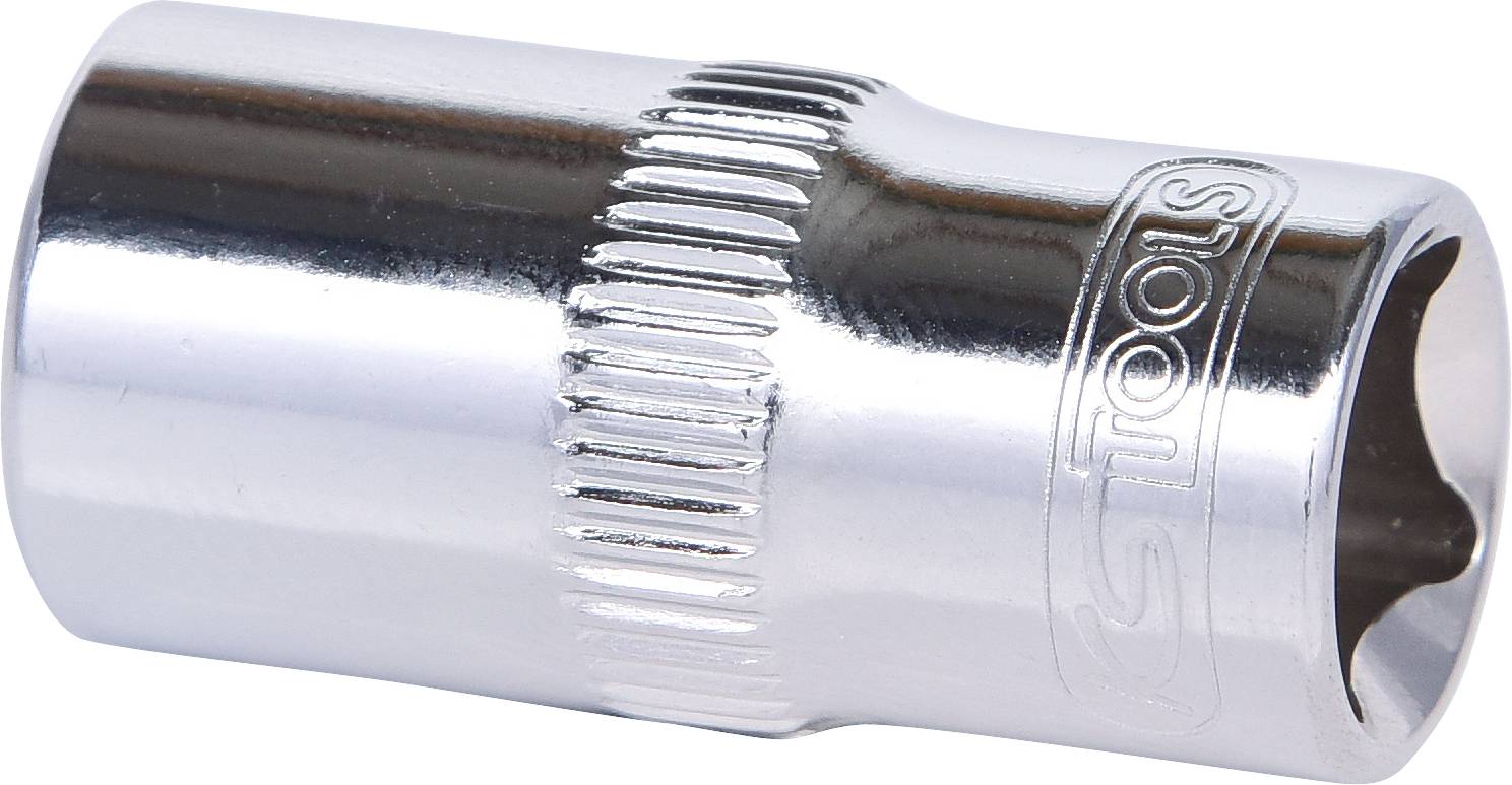 Sechskant-Steckschlüsseleinsatz aus Chrom, glänzend, mit Riffelung zur besseren Griffigkeit. Markennamen 'S-Tools' eingraviert.