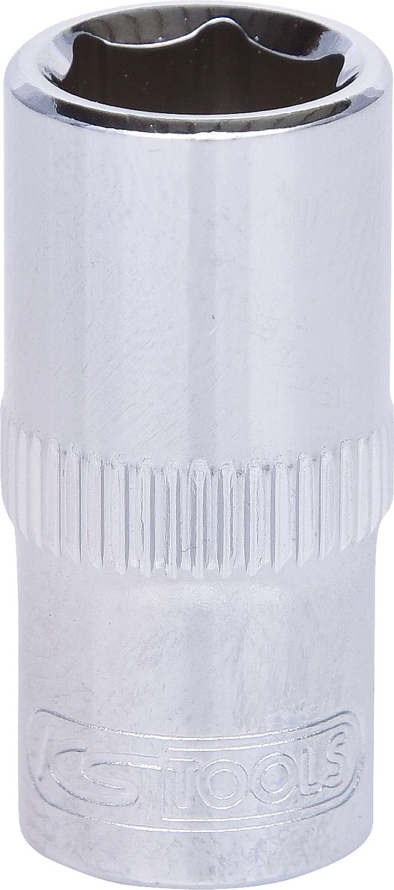 Metallische Stecknuss, glänzend, mit geriffeltem Griff und geprägtem Logo auf der Seite, verwendet für Schraubarbeiten.