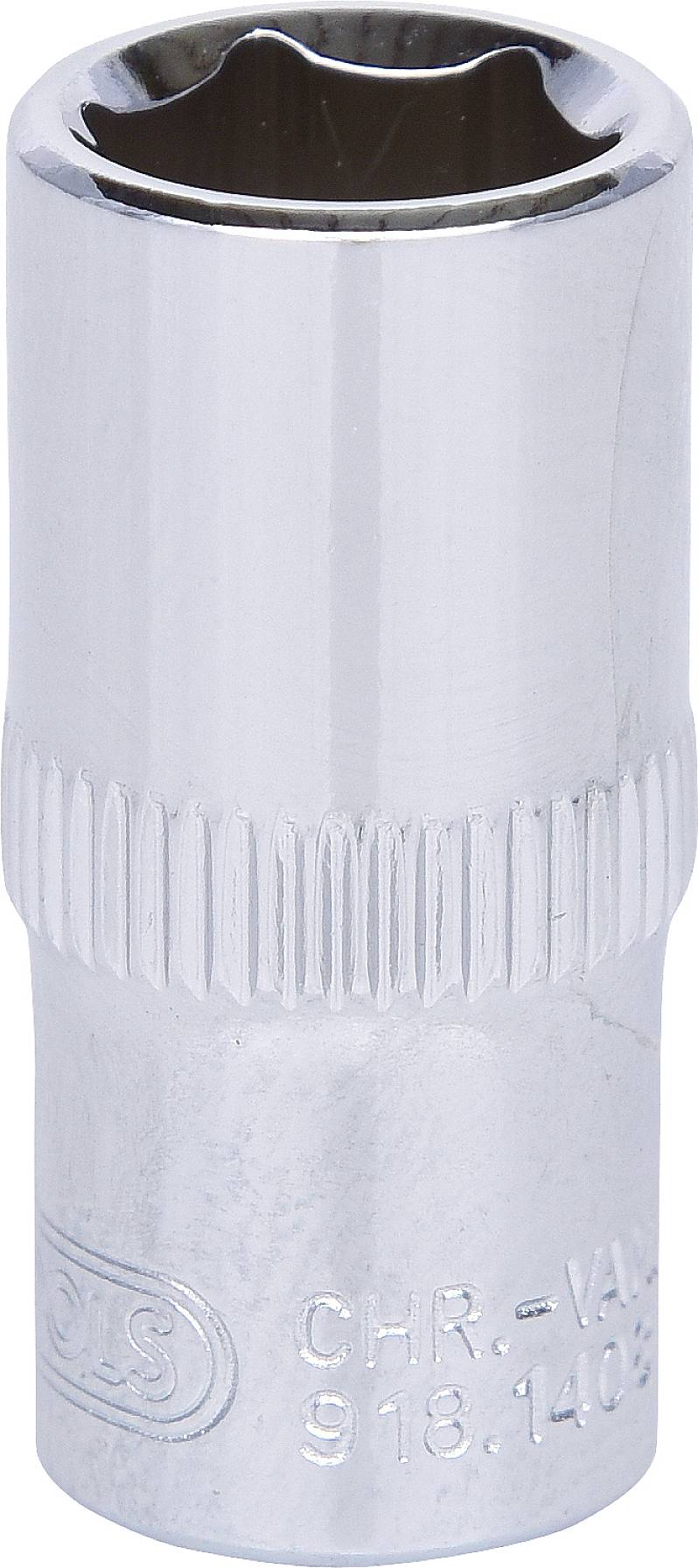 Ein silberner Steckschlüsseleinsatz aus Metall, geeignet für Ratschenschlüssel, mit geprägter Aufschrift an der Seite.