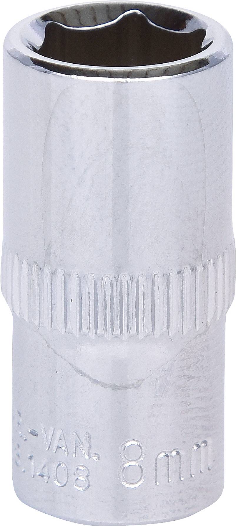 Eine silberne Stecknuss mit 8mm Größe, geeignet für Schraubenschlüssel. Sie hat eine glatte, glänzende Oberfläche.