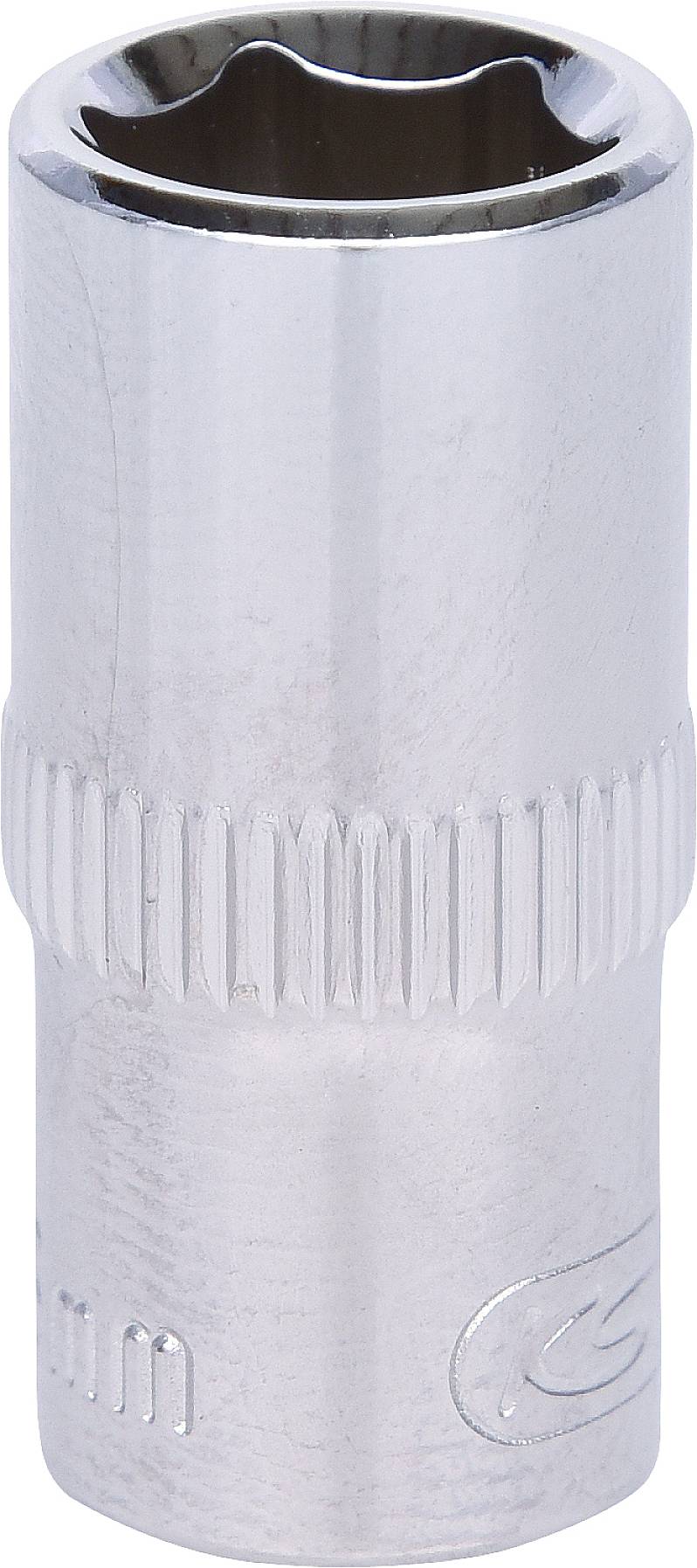 Chromglänzende Sechskant-Stecknuss, oben offen, an der Seite geriffelt für besseren Halt. Verwendet für Schraubverbindungen.