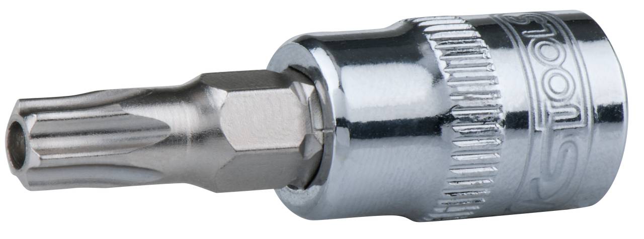 Torx-Bit-Steckschlüssel mit silbernem, sechskantigem Schaft und geriffeltem Griff, geeignet für Befestigungsarbeiten.