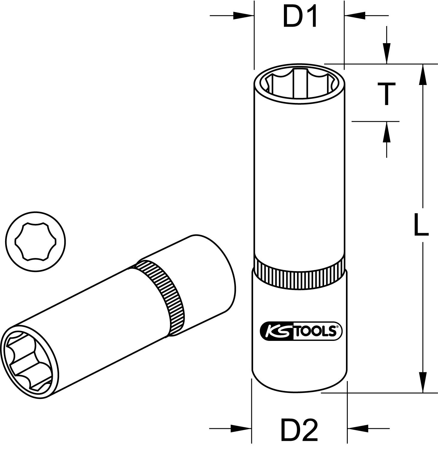 Zwei technische Zeichnungen eines Steckschlüssels, einer in diagonaler Ansicht, der andere seitlich. Markierungen zeigen Maße D1, D2, T, L.