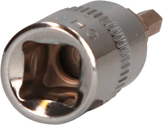 Metall-Steckschlüsselaufsatz in zylindrischer Form mit quadratischem Innenprofil, verwendet für Schraubarbeiten.