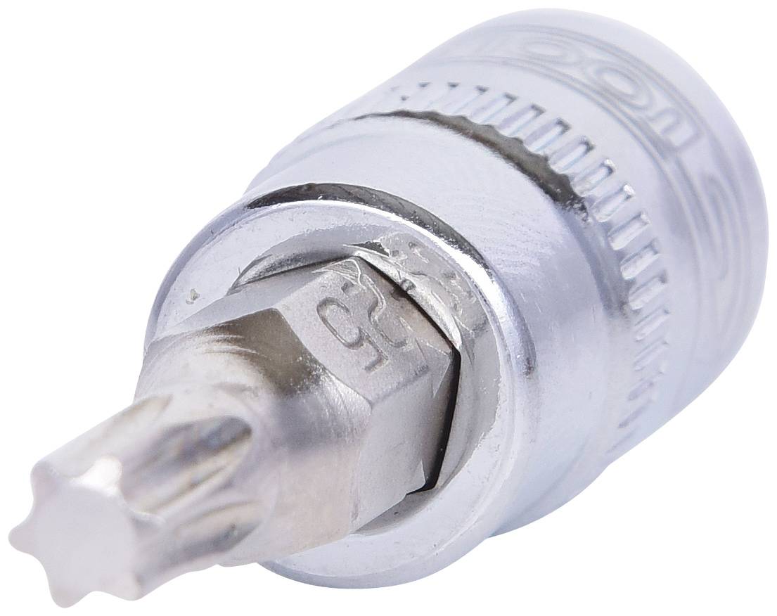 Ein silberner Torx-Schraubendreheraufsatz, leicht angewinkelt, mit sichtbarer Größe T30-Prägung auf der Spitze.