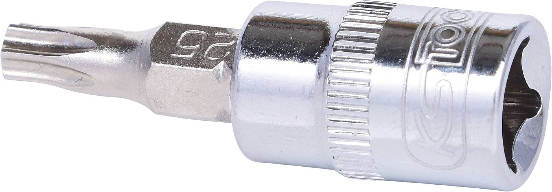 Metallischer Steckschlüsselaufsatz mit T25 Torx-Bit und 3/8-Zoll-Anschluss. Verwendet für Verschraubungen mit Torx-Schrauben.