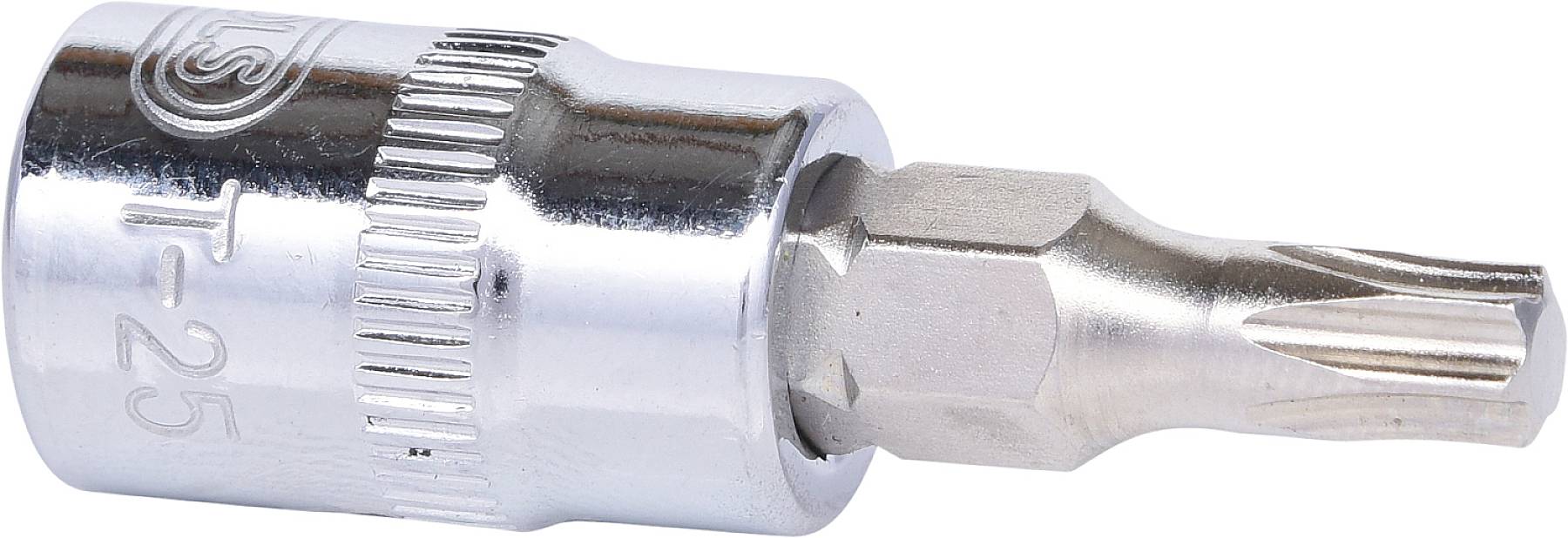 Metallischer Schraubkopfaufsatz für Torx-Schrauben, Größe T25, Silberfarbe, mit Rillen für besseren Halt.