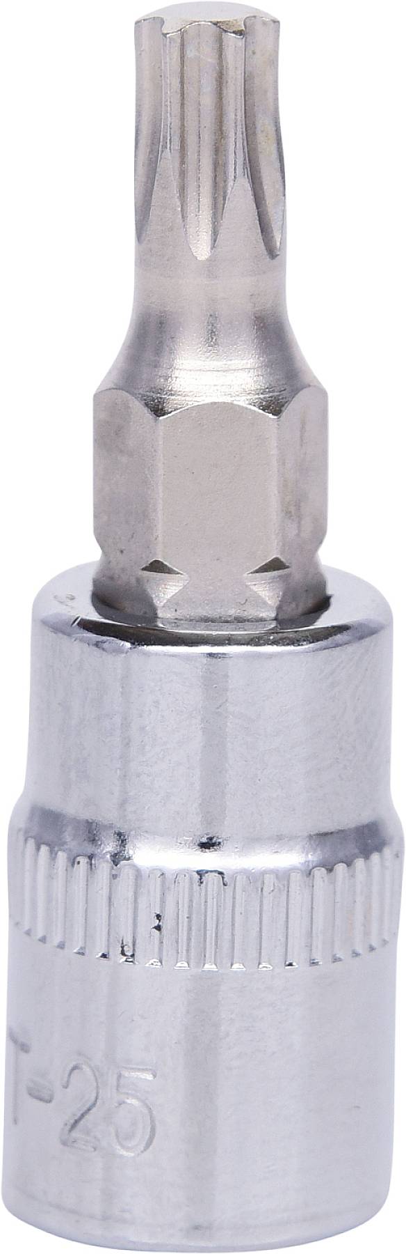 Ein silberner Torx-Schraubendreheraufsatz mit einer T-25-Gravur, der für hand- und elektromechanische Werkzeuge verwendet wird.