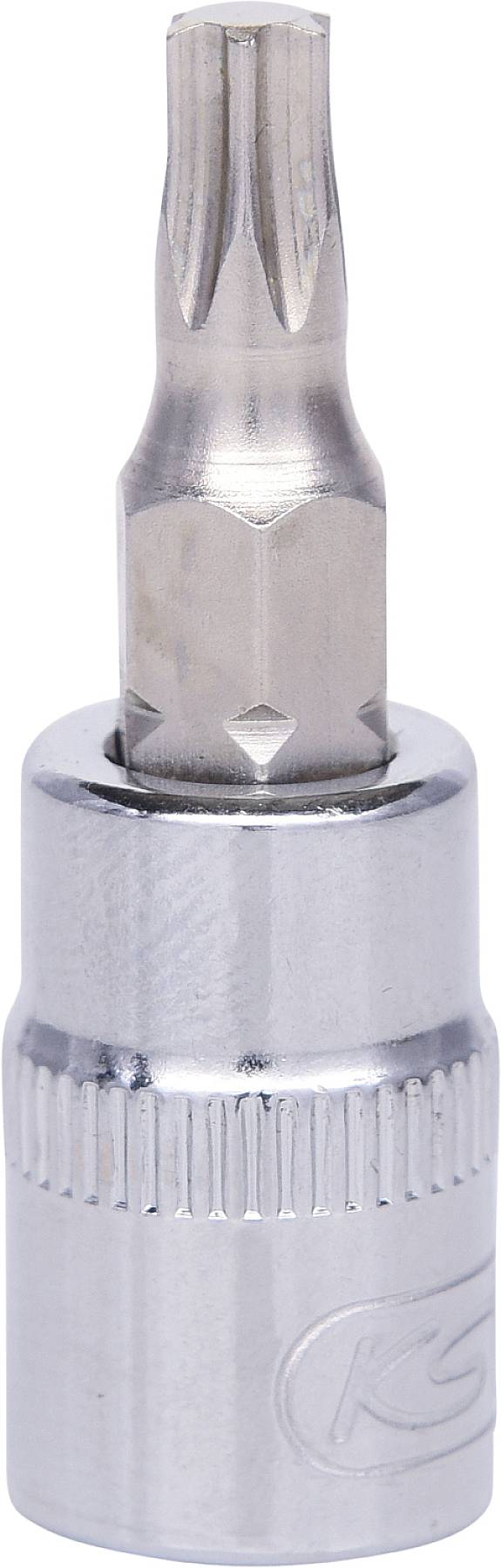 Ein silberner Torx-Bitaufsatz, T20-Größe, mit geriffeltem Griffrand, verwendet für Schraubarbeiten.