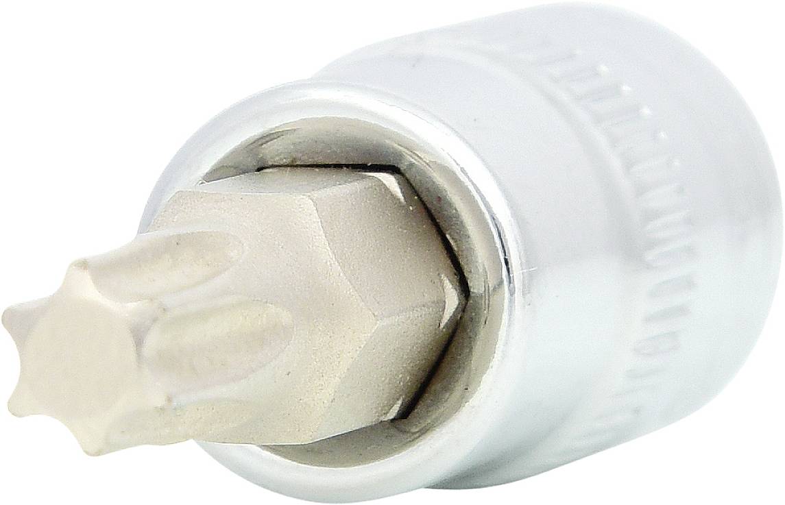 Ein silberner Steckschlüsselaufsatz mit Torx-Bit. Geeignet für den Einsatz mit einem Schraubenschlüssel zum Anziehen oder Lösen von Schrauben.