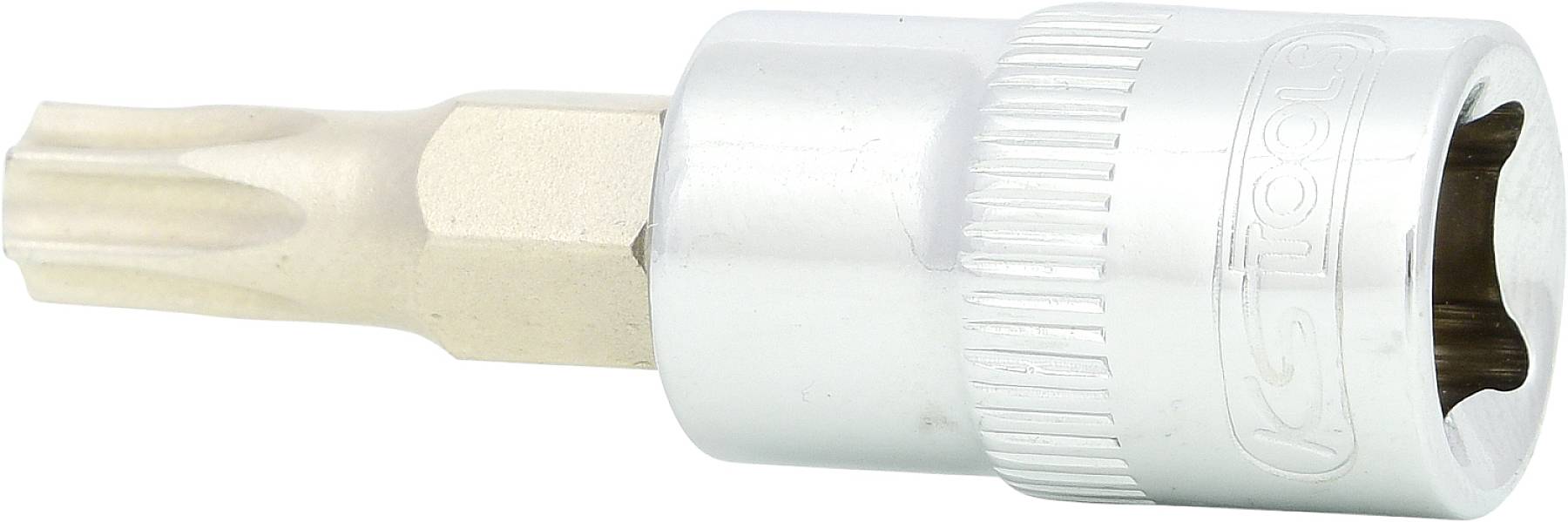 Ein silberfarbener Torx-Bit mit einer Stecknussaufnahme für den Einsatz in Schraubwerkzeugen.