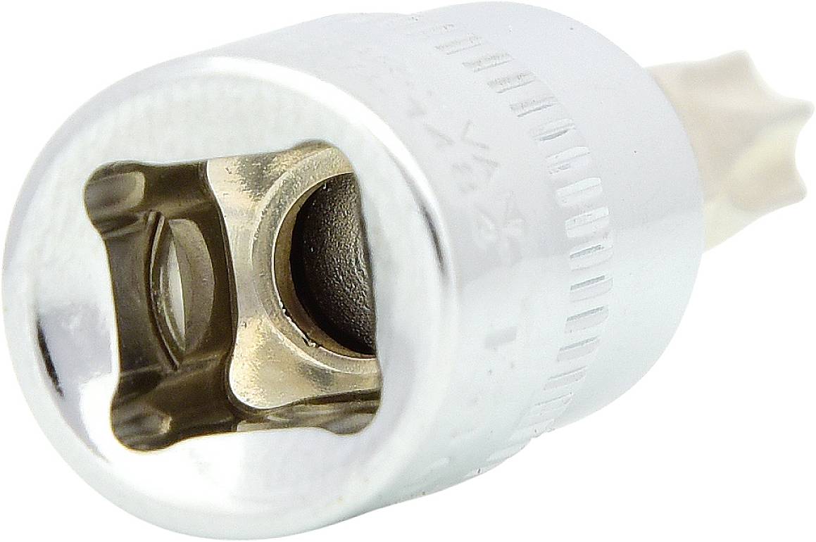 Ein silberner Steckschlüsselaufsatz mit einem Innenvierkant und einer Sternformaufnahme, verwendet für Schraubarbeiten.