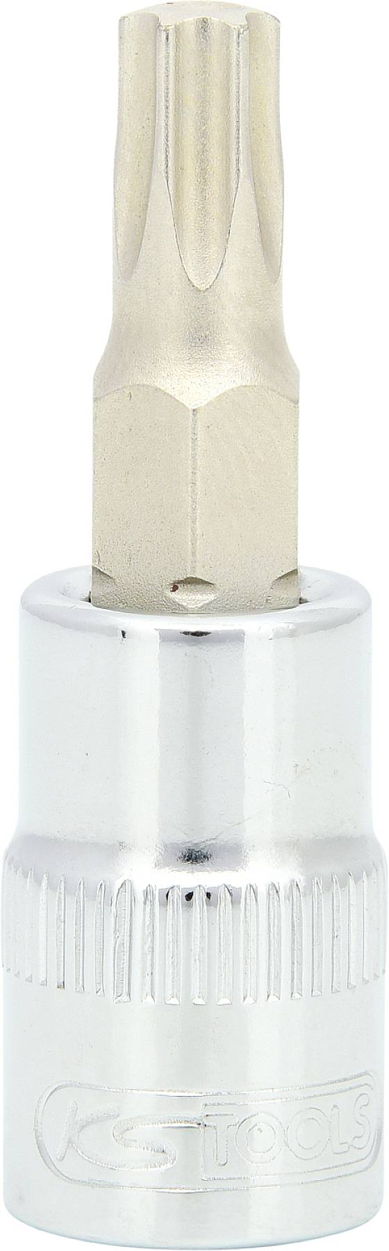 Ein silberner Schraubendrehereinsatz mit einem sechskantigen Griff und sternförmiger Spitze, verwendet für handwerkliche Anwendungen.