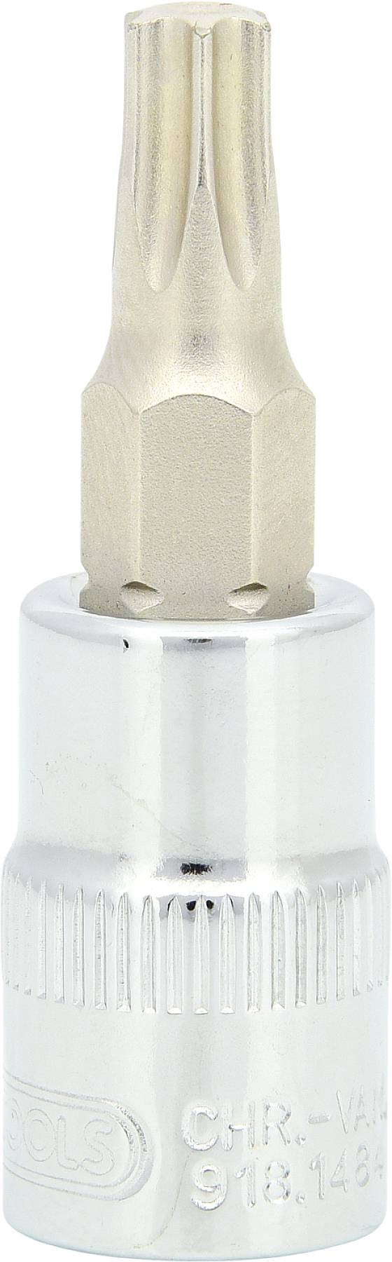 Torx-Bit-Steckschlüssel mit chrompolierter Oberfläche, geeignet für Kfz-Reparaturen und mechanische Arbeiten.