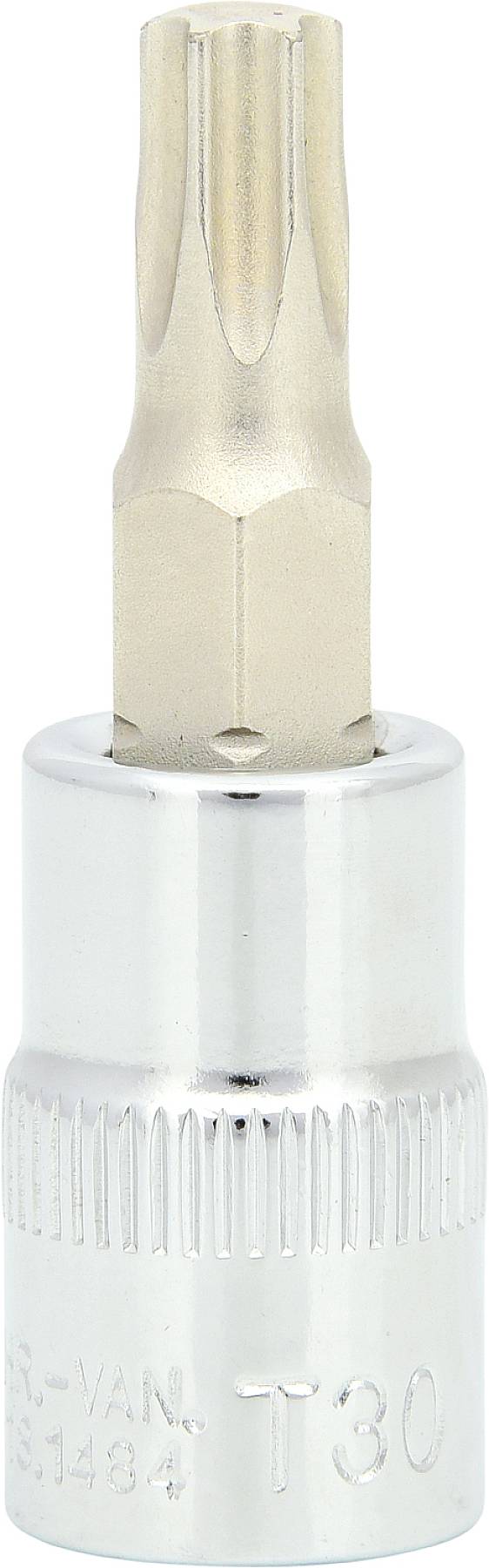 Ein silberner Torx-Bit-Aufsatz mit der Markierung 'T30', eingelassen in eine Steckschlüsselaufnahme, wird von oben betrachtet.