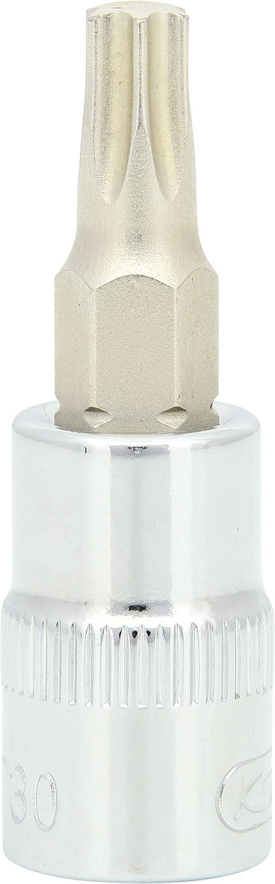 Ein silberner Torx-Bitaufsatz mit sechseckigem Schaft.