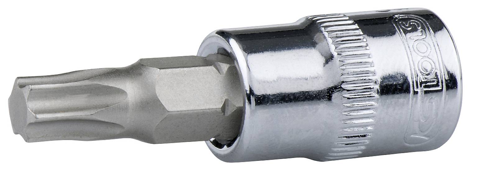 Bitschlüssel mit sechskantigem Antrieb, geeignet für Torx-Schrauben. Hergestellt aus glänzendem Metall mit geriffeltem Griff.