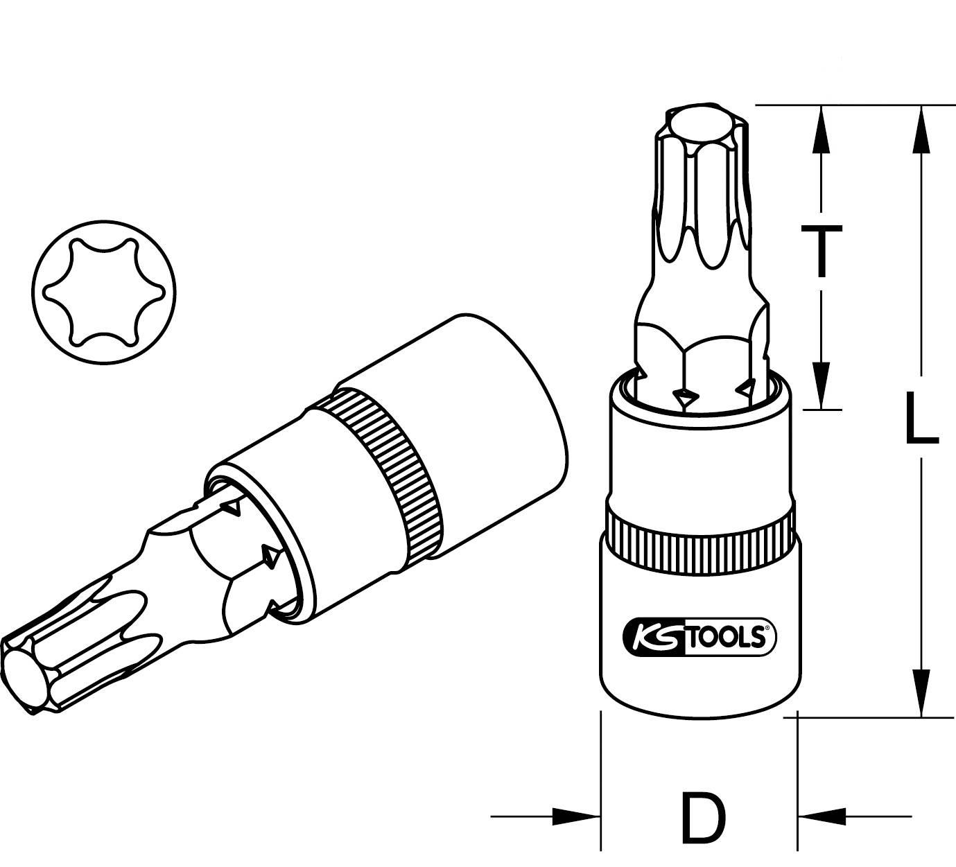 'KS Tools' Steckaufsatz mit Torx-Profil, zeigt verschiedene Ansichten und Maße D, L, T in einer technischen Zeichnung.