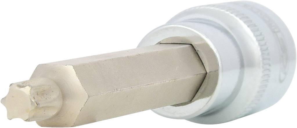 Ein silberner Steckschlüsseleinsatz mit sechseckiger Aufnahme und sternförmigem Bit, geeignet für Spezialschrauben.