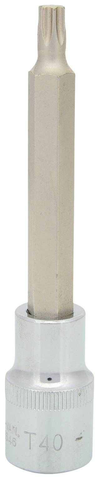 Ein T40-Torx-Bitaufsatz aus Metall, verwendet für Schrauben mit einem sechszackigen Torx-Kopf.