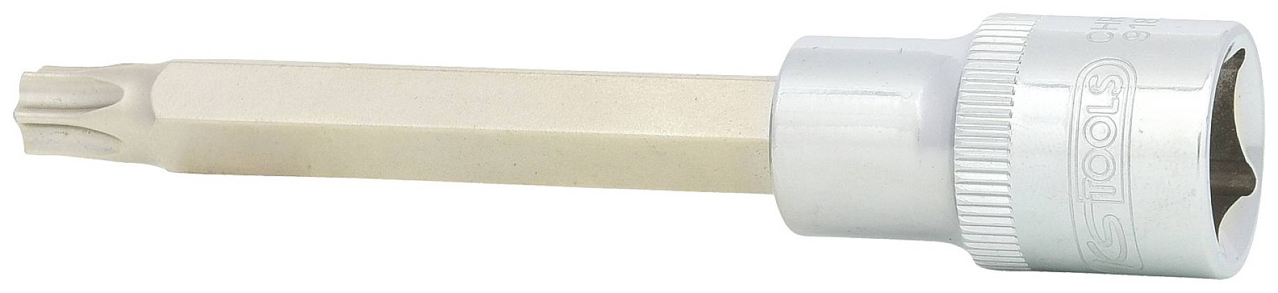 Steckschlüsseleinsatz mit langem Aufsatz, geeignet für Torx-Schrauben. Metallisch silberner Kopf und beige farbener Schaft.