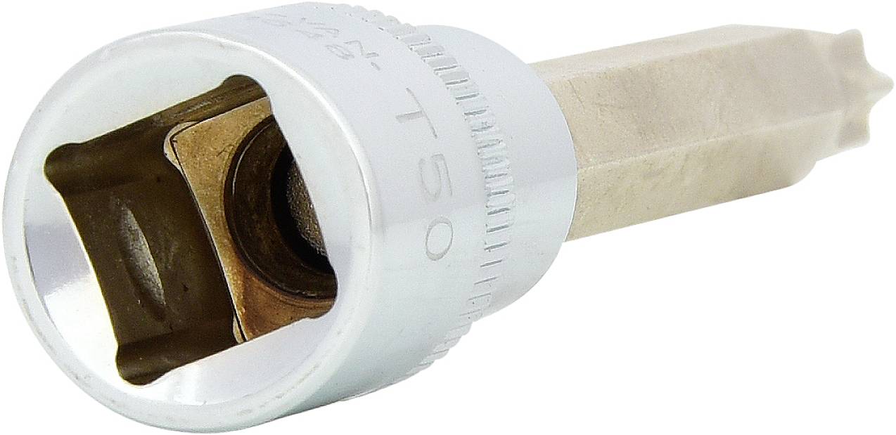 Ein silberner Torx-Bit, Größe T50, mit einem sechskantigen Schaft, geeignet für Schraubenschlüssel oder Ratschenaufsätze.