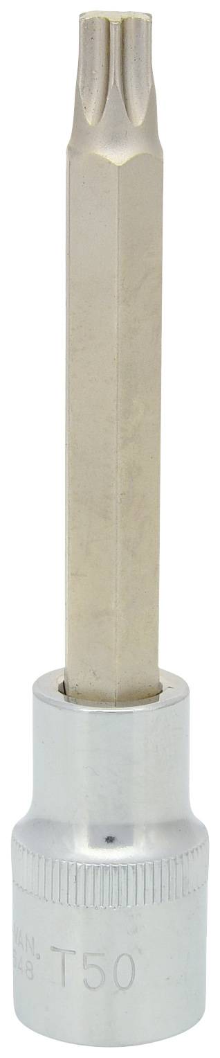 Ein silberner Torx-Bit mit langem Schaft, markiert mit 'T50'. Wird für das Anziehen oder Lösen von Schrauben mit Torx-Kopf verwendet.