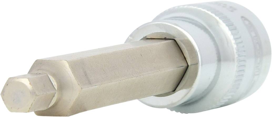 Ein silberner Sechskant-Bitkopf für die Verwendung mit einer Schraubenschlüsselaufnahme, zum Festziehen von Schrauben oder Muttern.